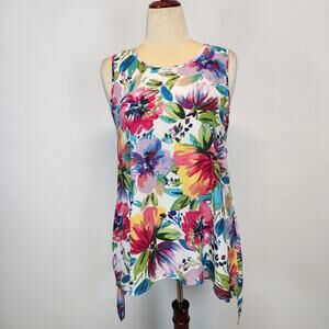 Spense Sleeveless Floral Tunic Blouse Size M Colorful Hi Low Chiffon Art to Wear